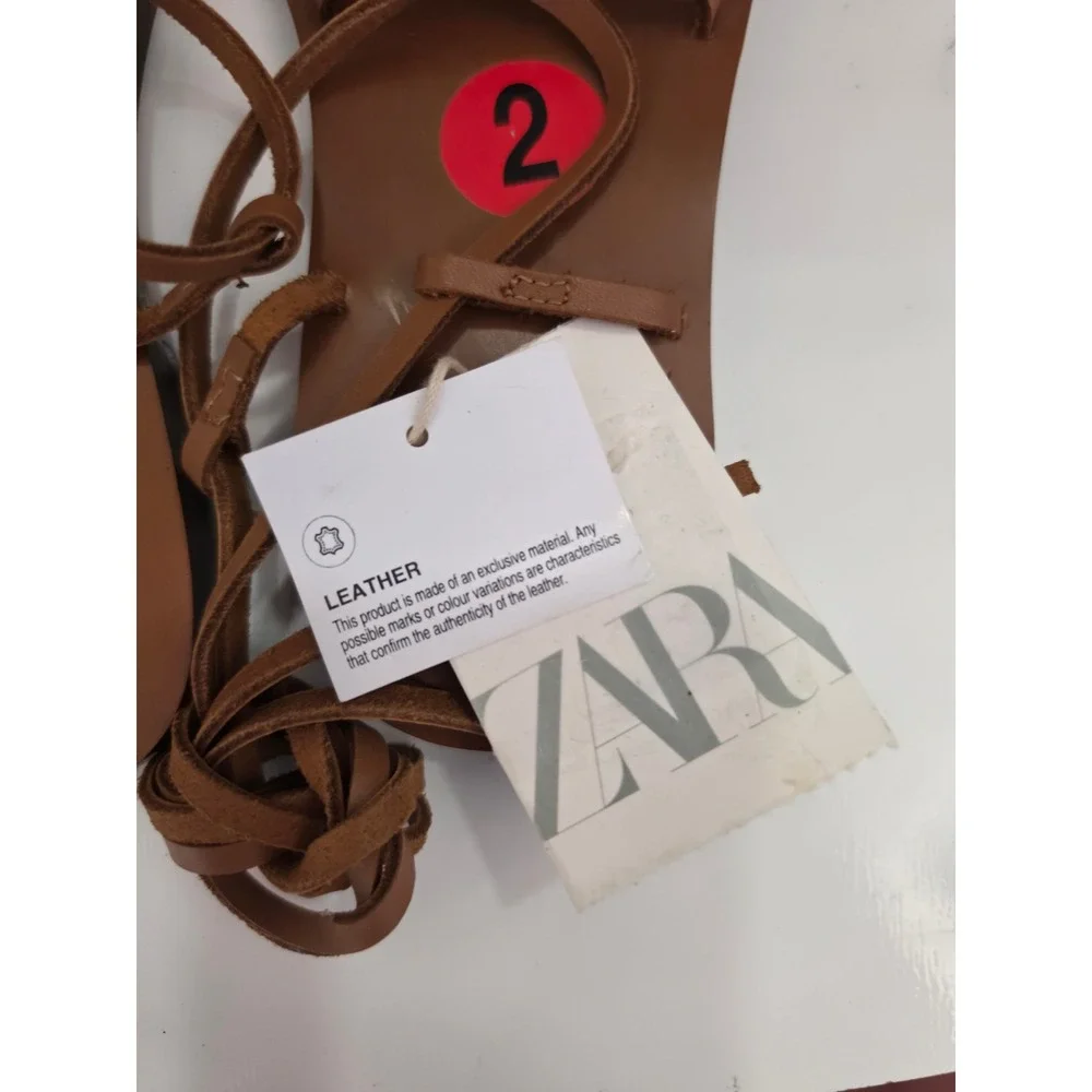 Zara Kids Tan Brown Leather Gladiator Lace Up Sandals Gold Studs 2618/330/700